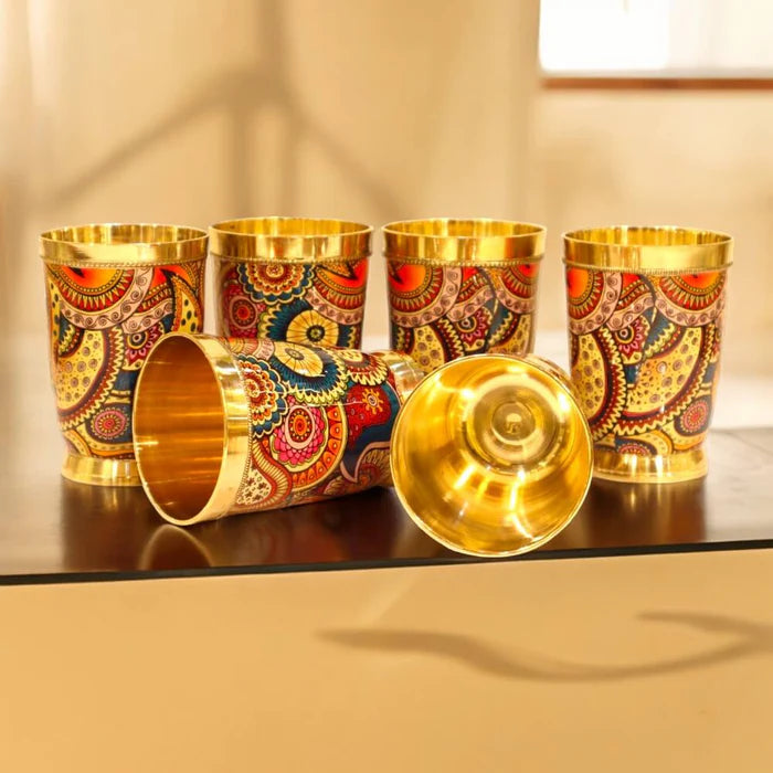 RoyalStuffs Colorful Enamel Finish Brass Glass Set – Set of 6 Handcrafted Brass Drinking Glasses