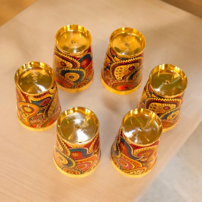 RoyalStuffs Colorful Enamel Finish Brass Glass Set – Set of 6 Handcrafted Brass Drinking Glasses
