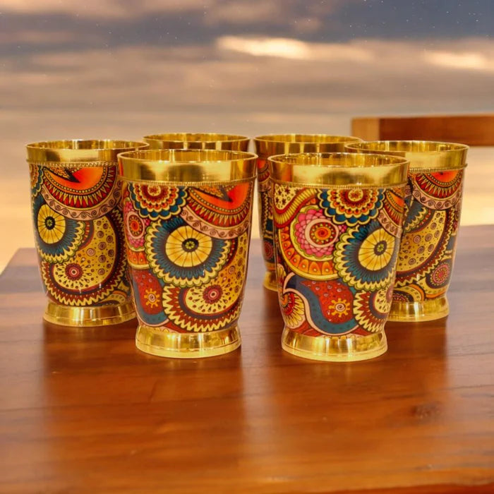RoyalStuffs Colorful Enamel Finish Brass Glass Set – Set of 6 Handcrafted Brass Drinking Glasses
