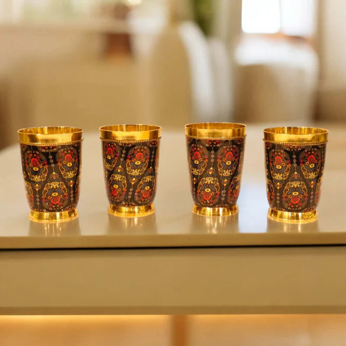 RoyalStuffs Colorful Enamel Finish Brass Glass Set – Set of 4 Handcrafted Brass Drinking Glasses