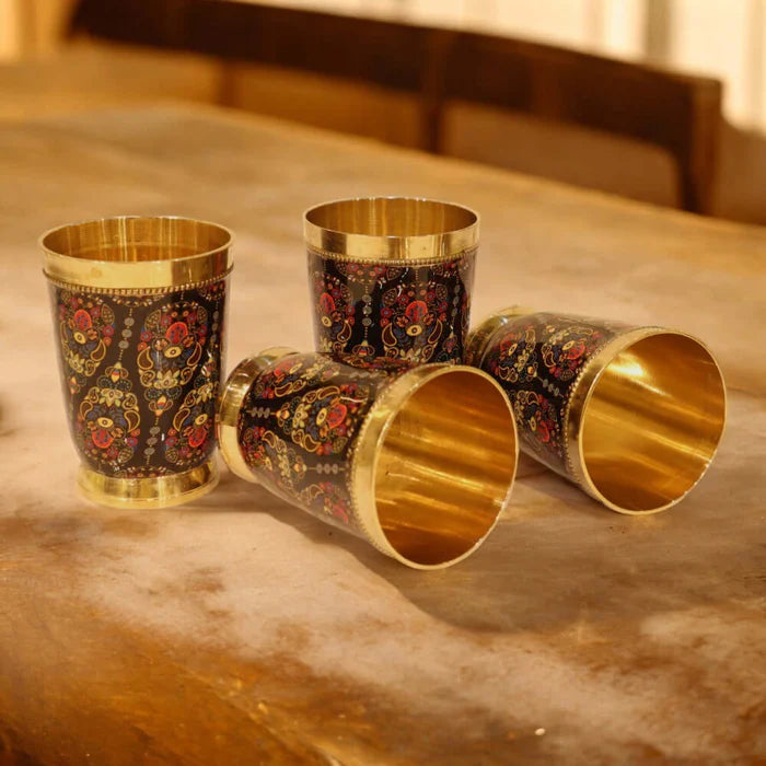 RoyalStuffs Colorful Enamel Finish Brass Glass Set – Set of 4 Handcrafted Brass Drinking Glasses