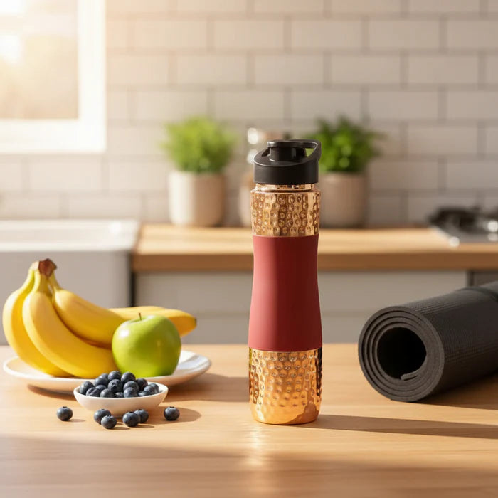 RoyalStuffs Designer Copper Hammered Sipper Bottle with Red Silicone Grip – 1 Litre Leak-Proof Copper Bottle