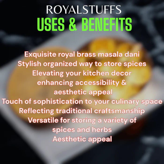 Pure Brass Spice Box (Masala Dani) Set with Lid, Spoon & 7 Containers