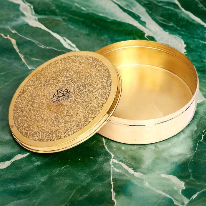 Pure Brass Chapati Box with Lid – Handmade Puri Storage Container (8 Inch)