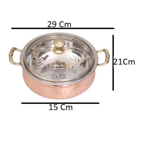 Hammered Copper Handi Bowl with Glass Lid – Stainless Steel Serving Casserole (2200 ML)