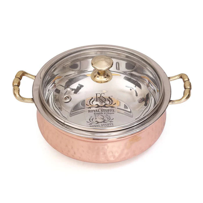 Hammered Copper Casserole with Glass Lid – Stainless Steel Serving Bowl (400 ML)