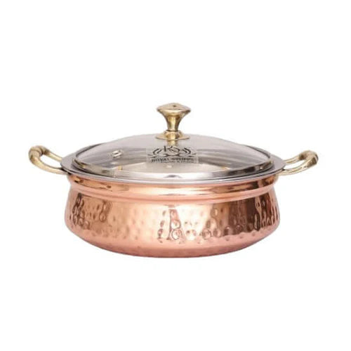 Hammered Copper Handi Bowl with Glass Lid – Stainless Steel Serving Casserole (500 ML)