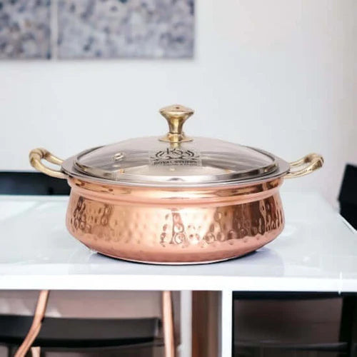 Hammered Copper Handi Bowl with Glass Lid – Stainless Steel Serving Casserole (500 ML)