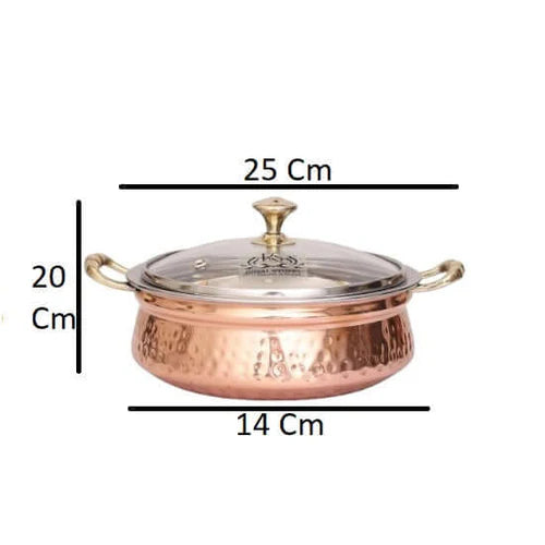 Hammered Copper Handi Bowl with Glass Lid – Stainless Steel Serving Casserole (1300 ML)