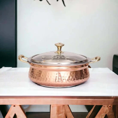 Hammered Copper Casserole with Glass Lid – Stainless Steel Serving Bowl (400 ML)