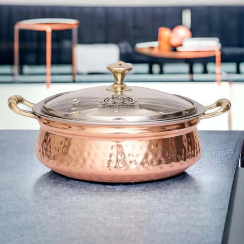 Hammered Copper Handi Bowl with Glass Lid – Stainless Steel Serving Casserole (1300 ML)