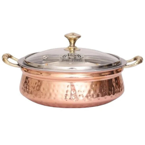 Hammered Copper Handi Bowl with Glass Lid – Stainless Steel Serving Casserole (2200 ML)
