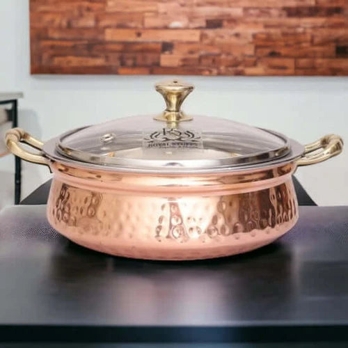 Hammered Copper Handi Bowl with Glass Lid – Stainless Steel Serving Casserole (2200 ML)