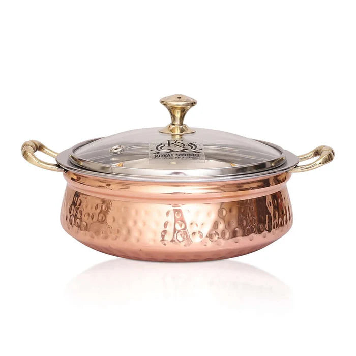 Hammered Copper Casserole with Glass Lid – Steel Interior Serving Bowl (780 ML)