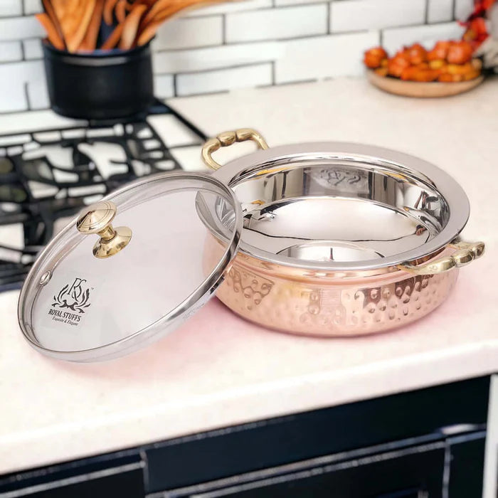 Hammered Copper Casserole with Glass Lid – Steel Interior Serving Bowl (780 ML)