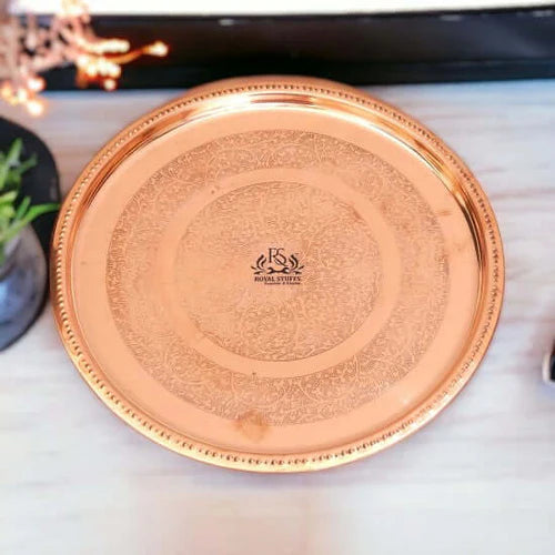 Set of 4 Pure Copper Floral Thali Plates – 12 Inch Handcrafted Copper Dinner Serving Plates