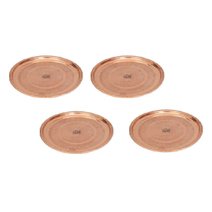 Set of 4 Pure Copper Floral Thali Plates – 12 Inch Handcrafted Copper Dinner Serving Plates