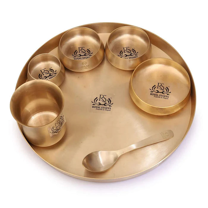 Curved Matt Finish Brass Thali Set – 7 Piece Dinner Set with Bowl, Glass & Spoon