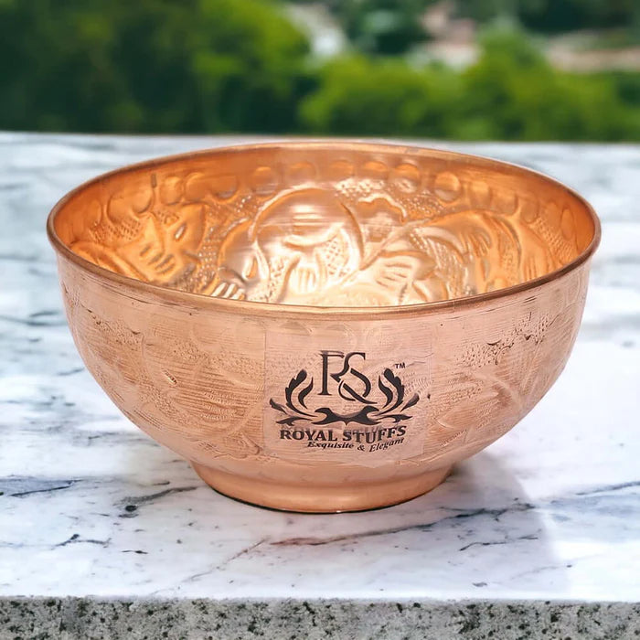 Set of 4 Embossed Leaf Design Copper Bowls – Handmade Serving Bowls (440 ML Each)