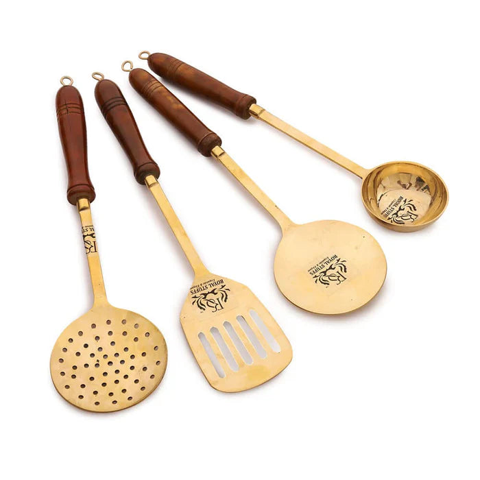Handmade Traditional Brass Ladles & Spatula Cooking Set – 4 Piece Premium Kitchen Utensil Set
