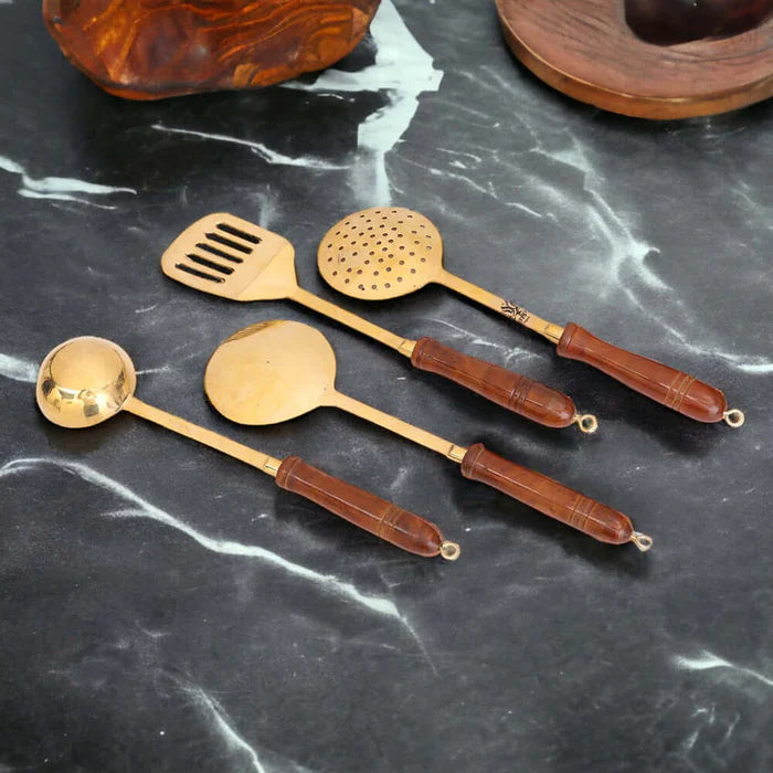 Handmade Traditional Brass Ladles & Spatula Cooking Set – 4 Piece Premium Kitchen Utensil Set