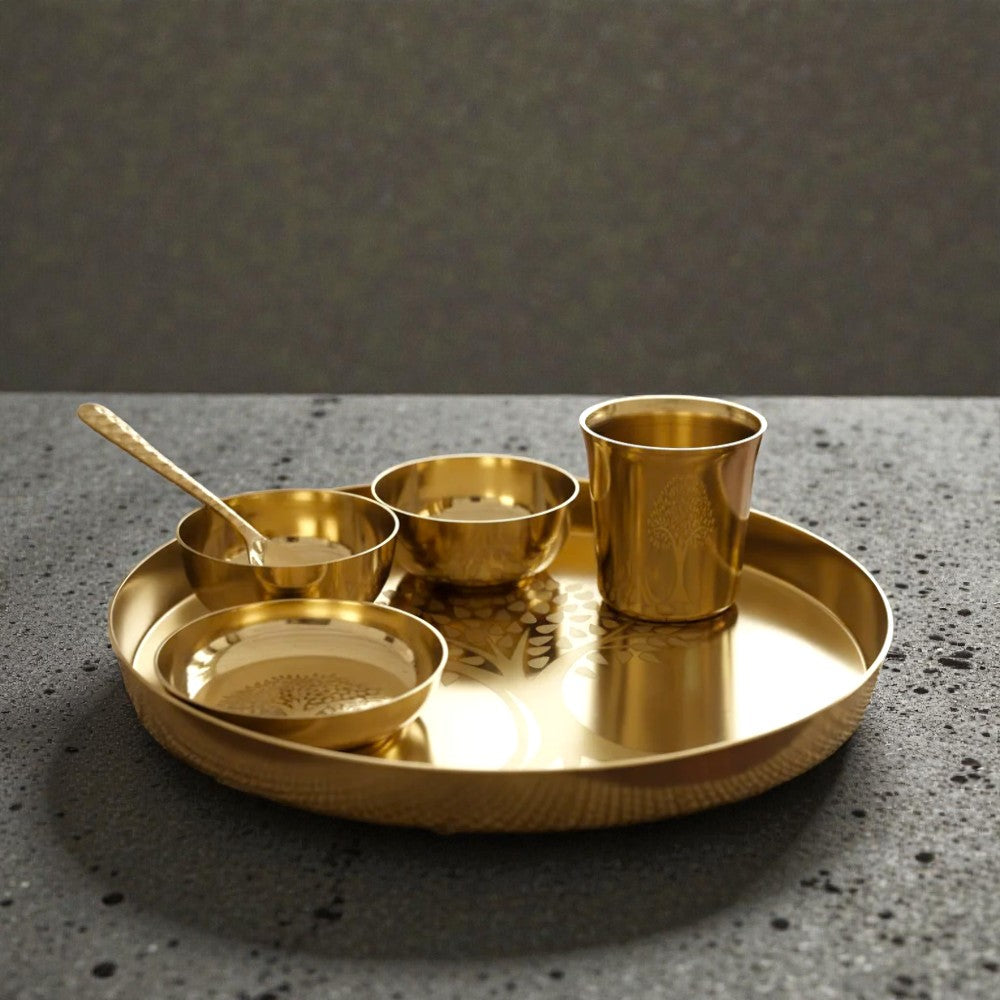RoyalStuffs Designer Kansa Thali Set – 80:20 Certified Bronze Dinner Set with Laser Engraved Tree Design