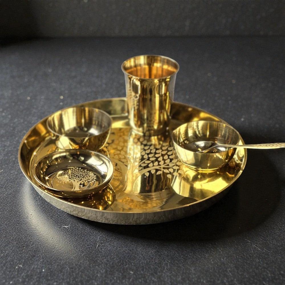 RoyalStuffs Designer Kansa Thali Set – 80:20 Certified Bronze Dinner Set with Laser Engraved Tree Design