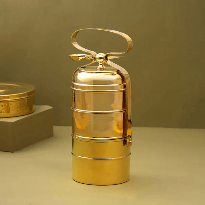 RoyalStuffs Brass 4 Tier Office Tiffin Lunch Box with Tin Lining – Four Compartments Portable Brass Lunch Carrier