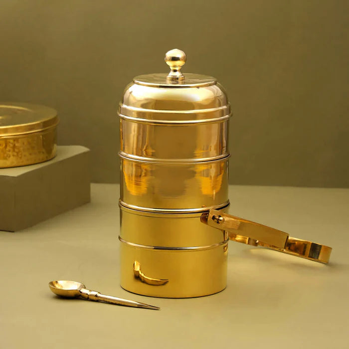 RoyalStuffs Brass 4 Tier Office Tiffin Lunch Box with Tin Lining – Four Compartments Portable Brass Lunch Carrier