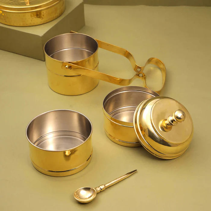 RoyalStuffs Brass 4 Tier Office Tiffin Lunch Box with Tin Lining – Four Compartments Portable Brass Lunch Carrier