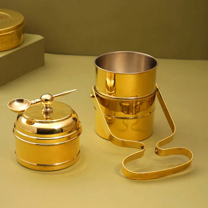 RoyalStuffs Brass 4 Tier Office Tiffin Lunch Box with Tin Lining – Four Compartments Portable Brass Lunch Carrier