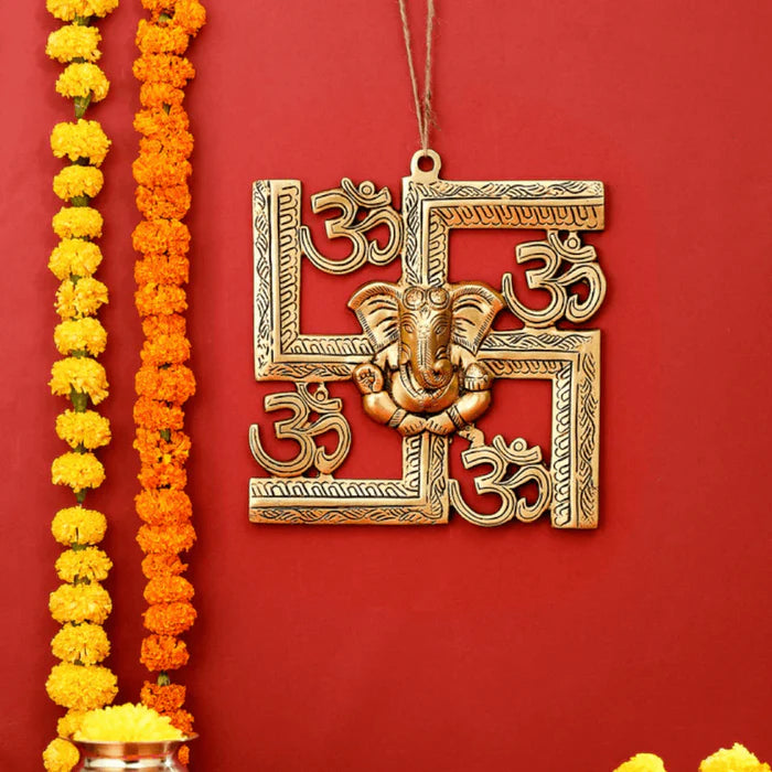 9 Inch Om Swastik Ganesha Wall Hanging – Handmade Brass Sacred Entrance Decor