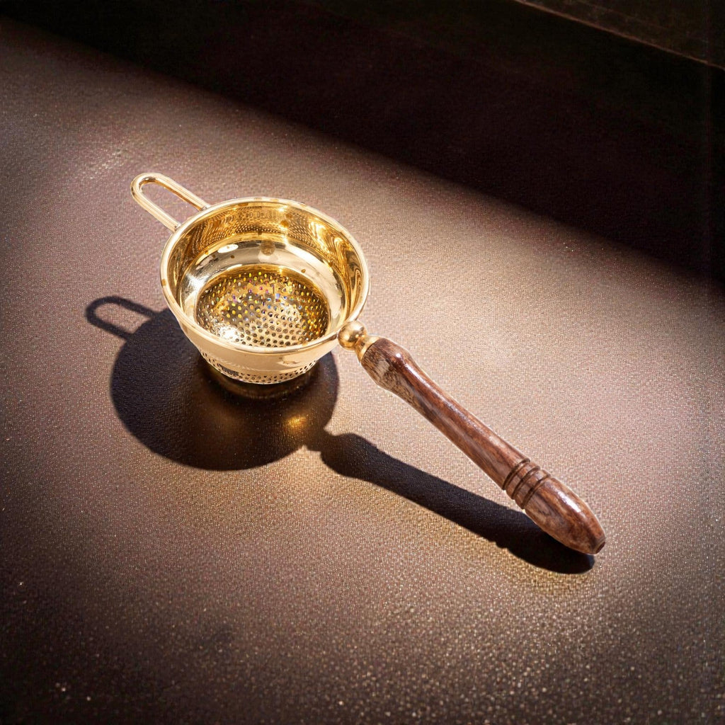 Handcrafted Brass Tea Strainer with Wooden Handle – Premium Chai Filter