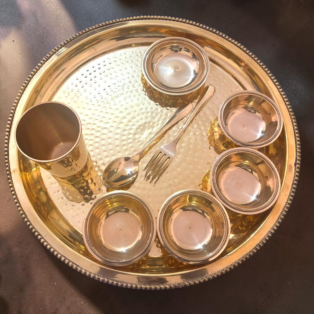 Extra Large Brass Thali Set 15.5 Inch (2.2 Kg) – Grand Maharaja Dining Set with 6 Bowls & Glass