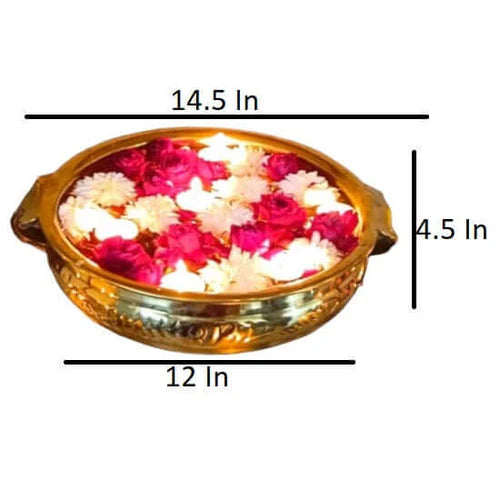 Royal Handcrafted Brass Urli Bowl – Floral Design Decorative Pot (12 Inch)