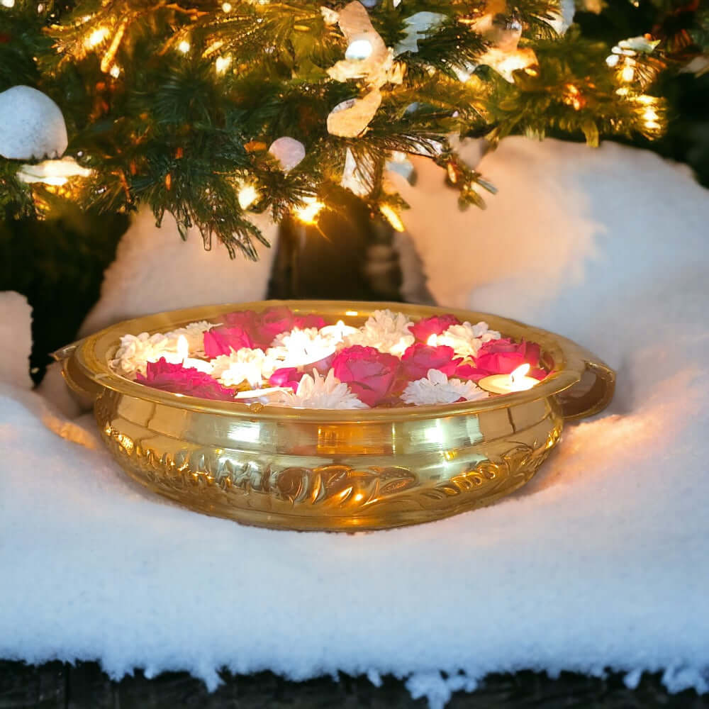 Royal Handcrafted Brass Urli Bowl – Floral Design Decorative Pot (12 Inch)