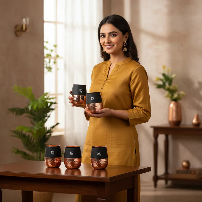 Silk Black Half Hammered Dholak Copper Tumbler Set – Pure Copper Water Glasses Set of 6 (250 ML)
