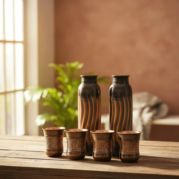 Pure Copper Lehar Water Bottle Set with 4 Tumblers – Antique Finish Drinkware Collection