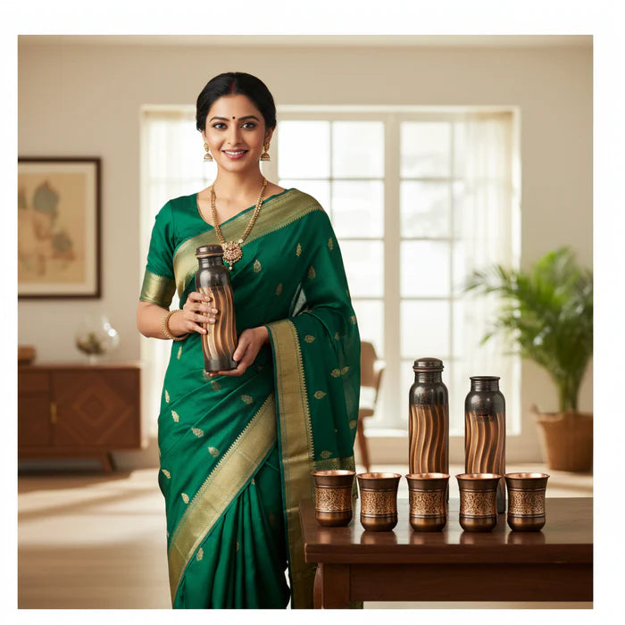 Pure Copper Lehar Water Bottle Set with 4 Tumblers – Antique Finish Drinkware Collection