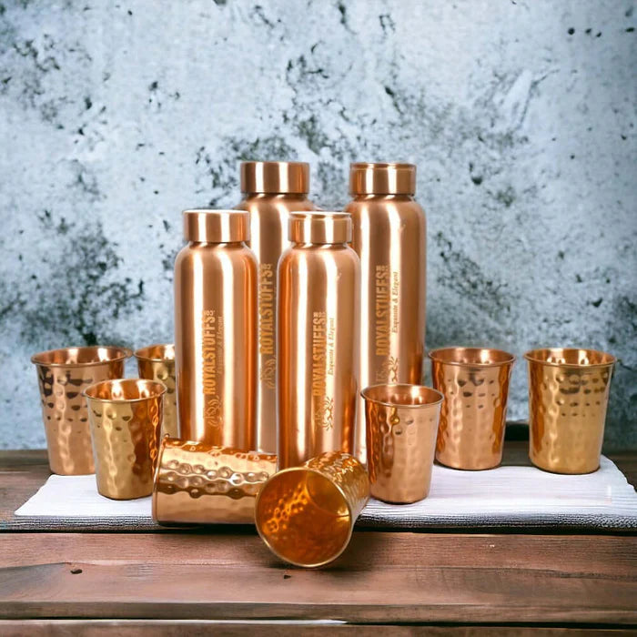 RoyalStuffs Copper Water Bottle Set – 4 Pure Copper Bottles with 8 Hammered Tumblers (900 ML)