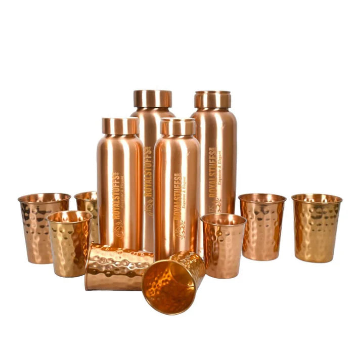 RoyalStuffs Copper Water Bottle Set – 4 Pure Copper Bottles with 8 Hammered Tumblers (900 ML)