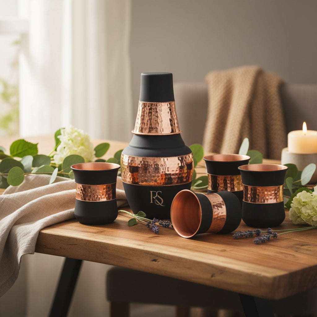 ROYALSTUFFS Pure Copper Drinking Water Bottle Container with 4 Glass| Copper Bedroom Water Carafe- 1250 ml (Pack of 5)