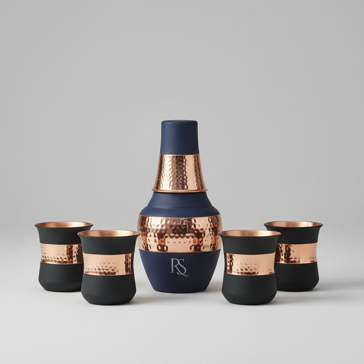 ROYALSTUFFS Pure Copper Drinking Water Bottle Container with 4 Glass| Copper Bedroom Water Carafe- 1250 ml (Pack of 5)