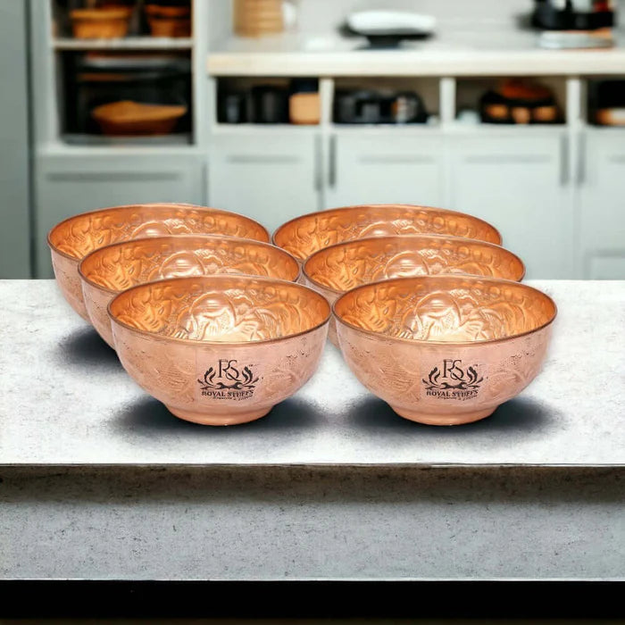 Set of 6 Embossed Leaf Design Copper Bowls – Handmade Serving Bowls (440 ML Each)
