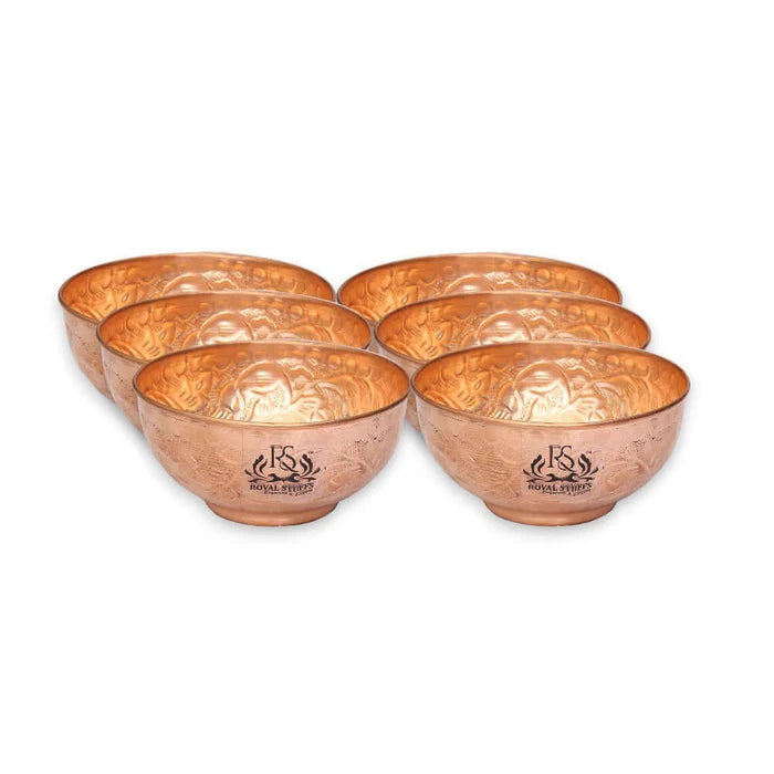 Set of 6 Embossed Leaf Design Copper Bowls – Handmade Serving Bowls (440 ML Each)
