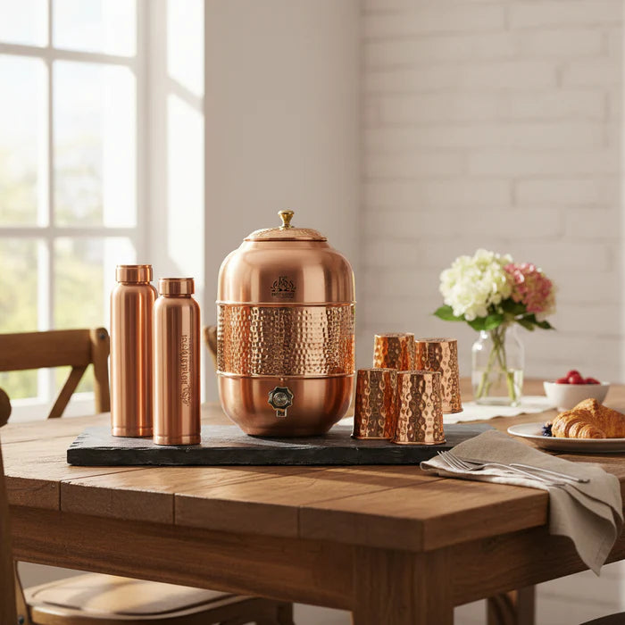 RoyalStuffs 12 Liter Pure Copper Water Dispenser Set – Hammered Copper Storage Tank with 4 Tumblers & 2 Bottles