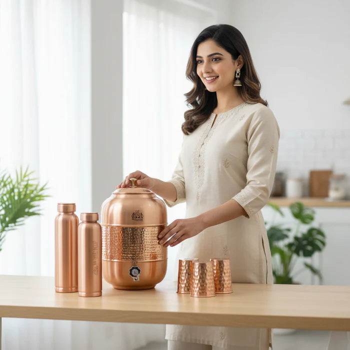 RoyalStuffs 12 Liter Pure Copper Water Dispenser Set – Hammered Copper Storage Tank with 4 Tumblers & 2 Bottles
