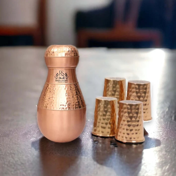 RoyalStuffs Pure Copper Bedroom Carafe Set – Hammered Copper Water Vessel with 4 Glasses (1600 ML)