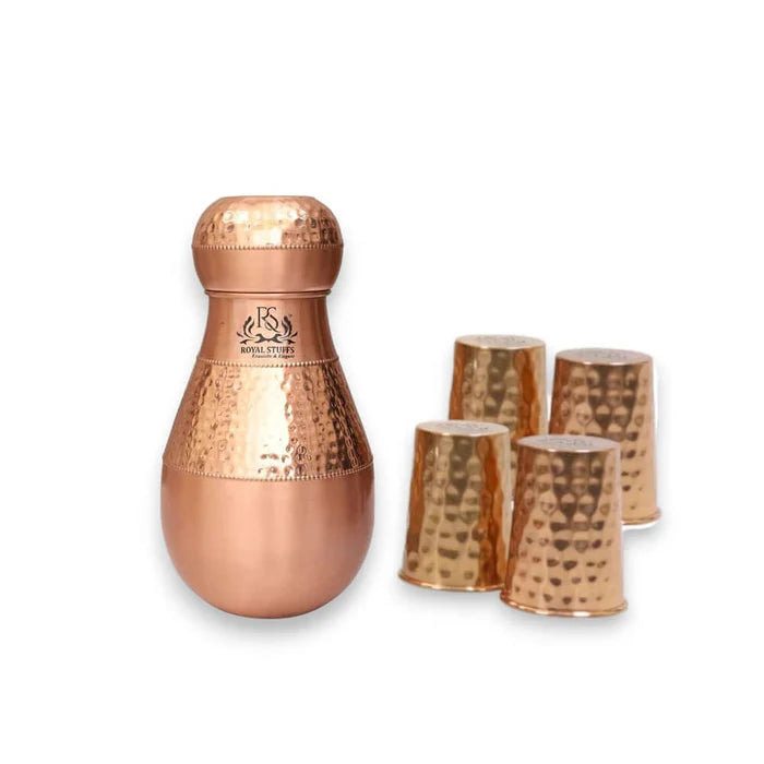 RoyalStuffs Pure Copper Bedroom Carafe Set – Hammered Copper Water Vessel with 4 Glasses (1600 ML)