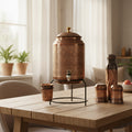 ROYALSTUFFS 8 Liter Copper Embossed Black Water Dispenser Tank + 3 Glass & Stand with 1000 Ml Copper Bottle Handmade Copper Container | Anniversary, Birthday, Wedding Etc.